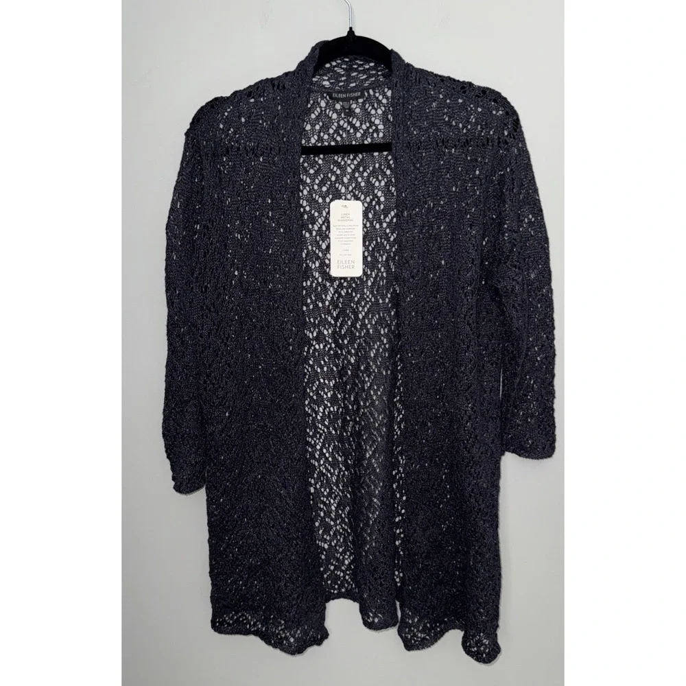 eileen fisher cardigan Sz Med Linen Metal Diagonal $238 New NWT Wedding Navy Bl - Picture 1 of 12